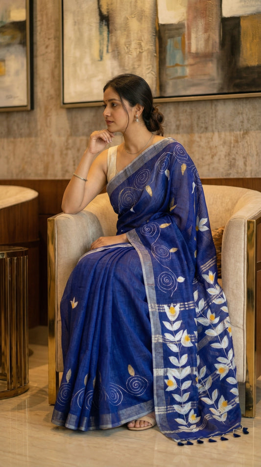 Woman wearing a blue hand painted cotton linen saree with floral motifs and tassel pallu, sitting in a room.