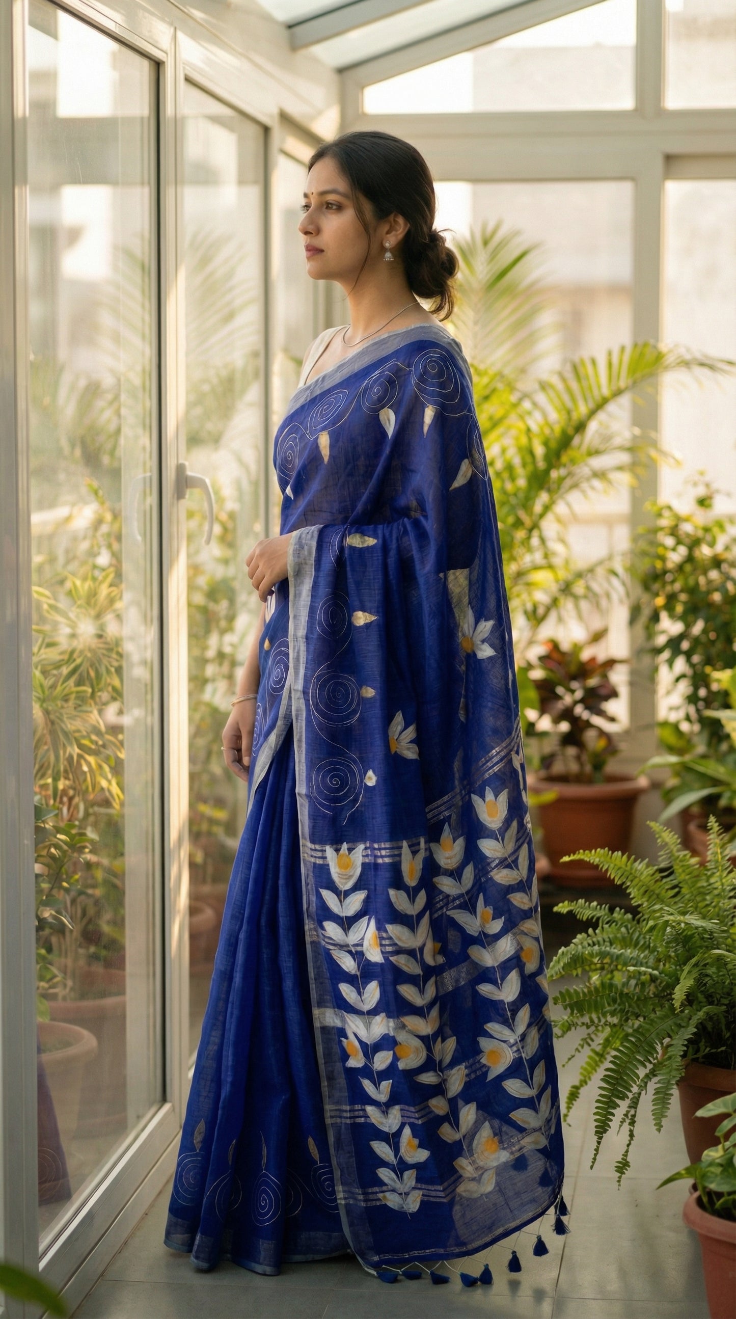 Woman wearing a blue hand painted cotton linen saree with floral motifs and tassel pallu, standing in a room with plants.