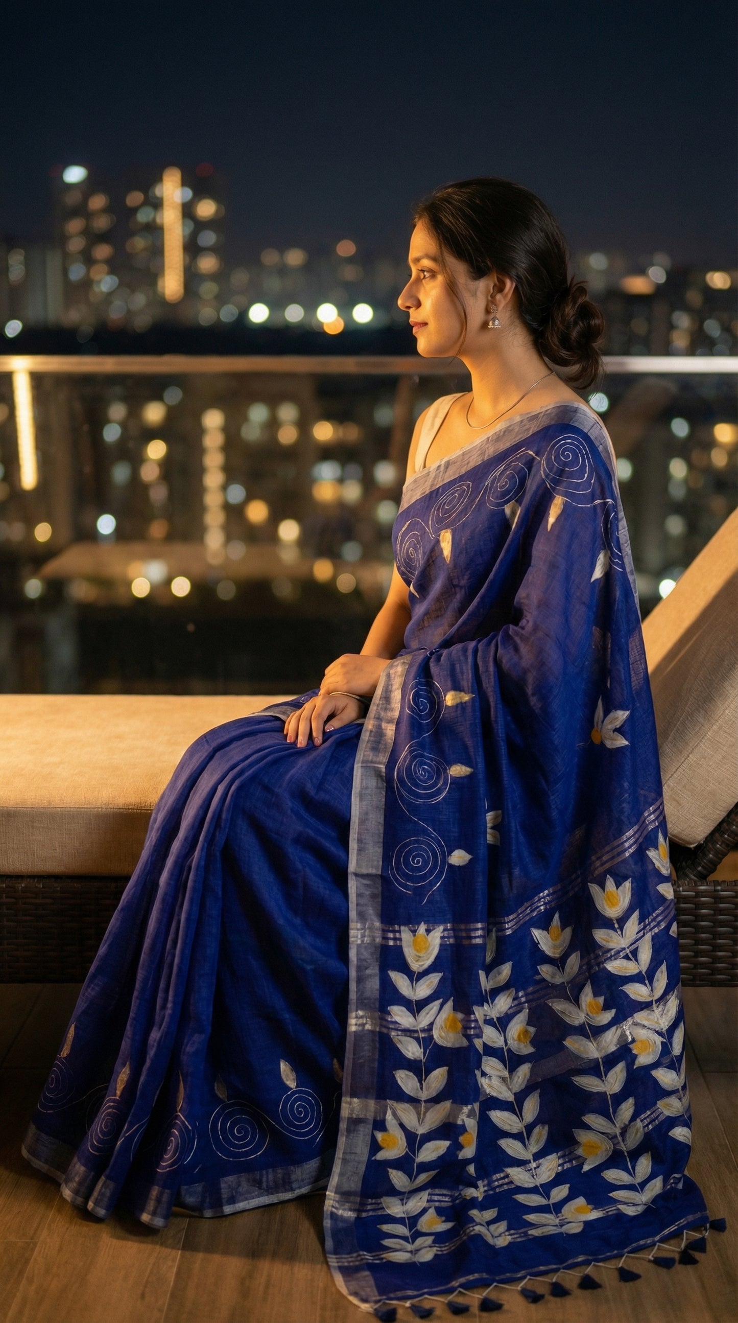 Woman wearing a blue hand painted cotton linen saree with floral motifs and tassel pallu, sitting on a rooftop at night.