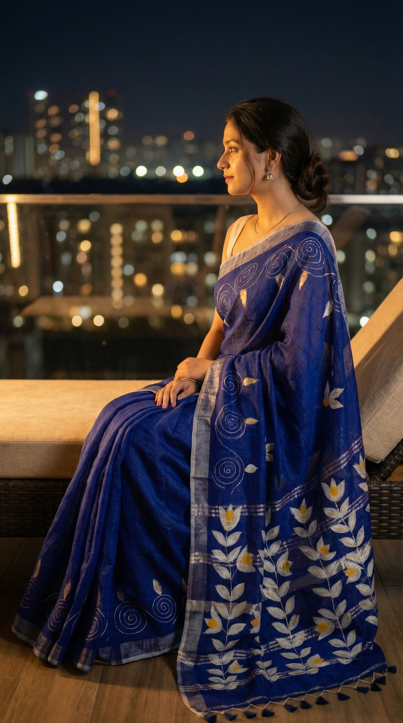 Woman wearing a blue hand painted cotton linen saree with floral motifs and tassel pallu, sitting on a rooftop at night.