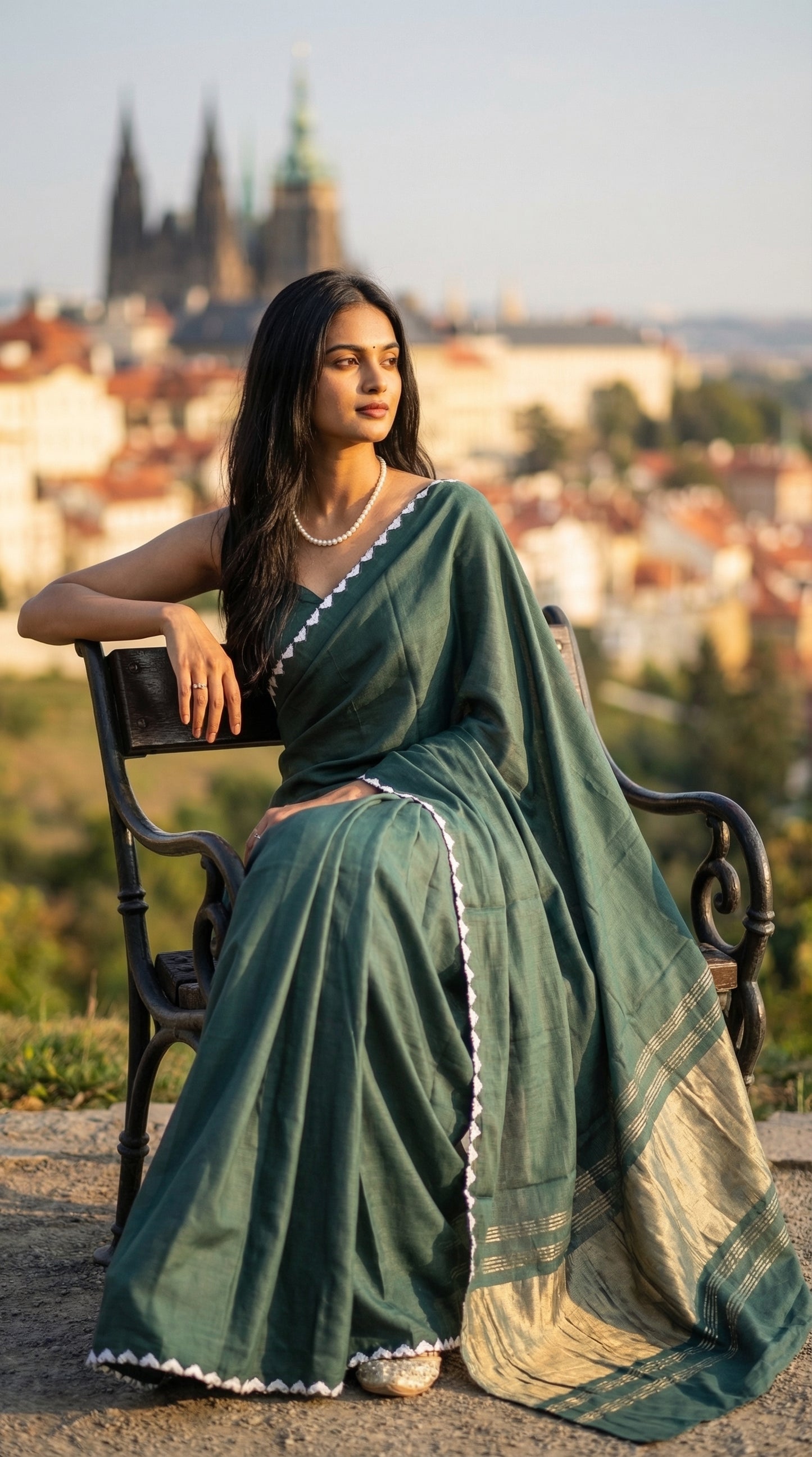 Woman in a sage-green-modal-silk-saree-lagdi-patta-pallu, sitting on a bench with city as the blurred backdrop.