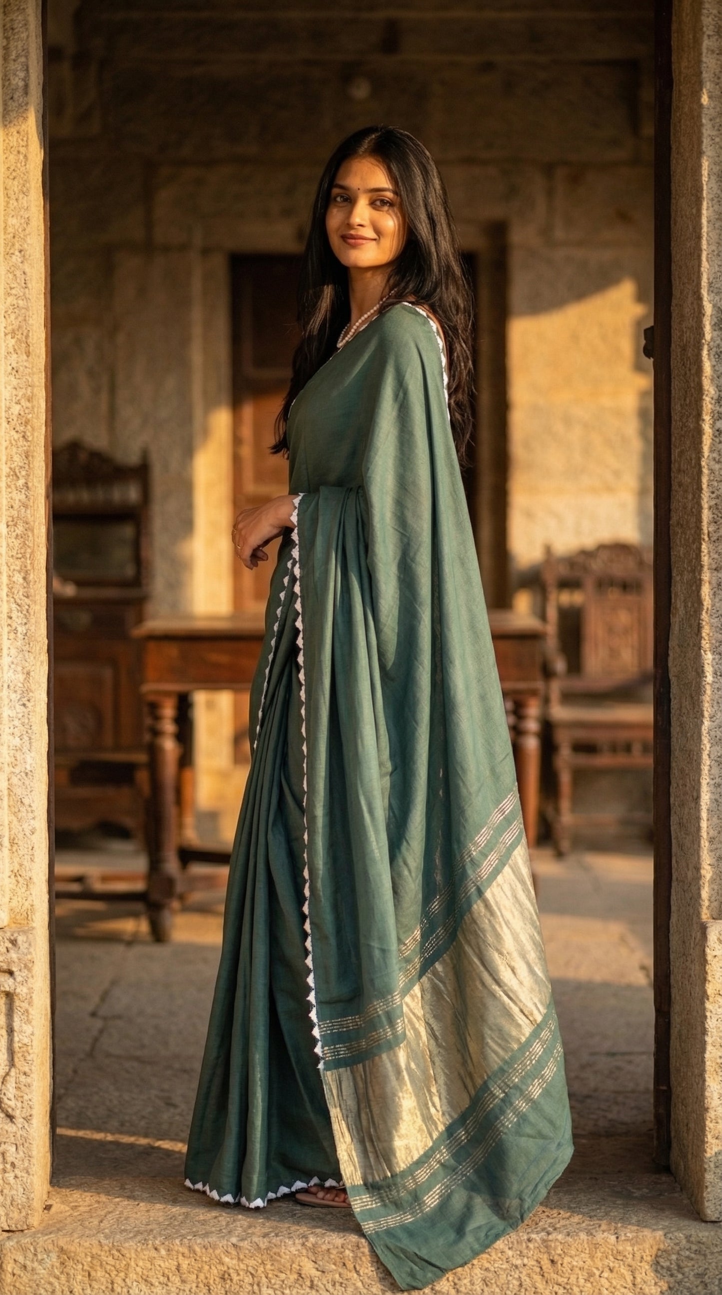 Woman in a sage-green-modal-silk-saree-lagdi-patta-pallu, standing in a door of an old house.