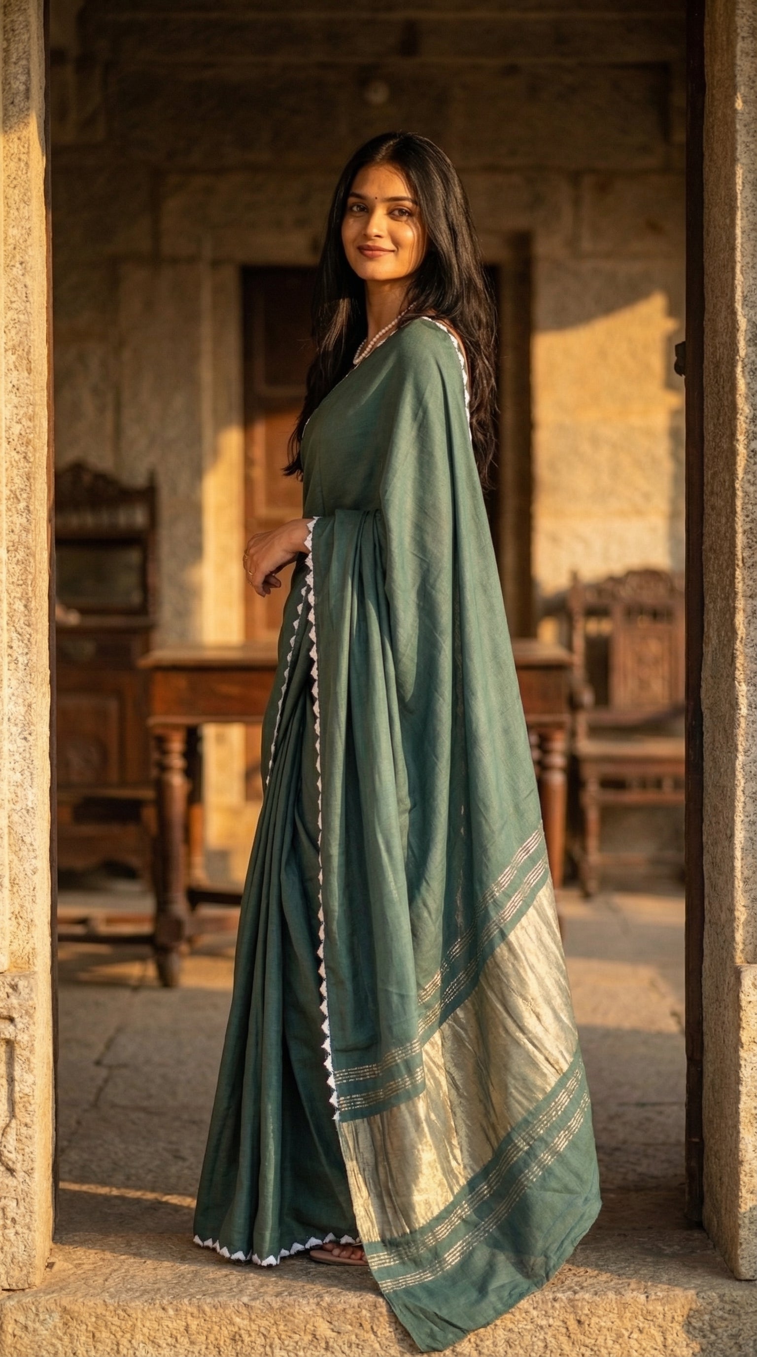 Woman in a sage-green-modal-silk-saree-lagdi-patta-pallu, standing in a door of an old house.