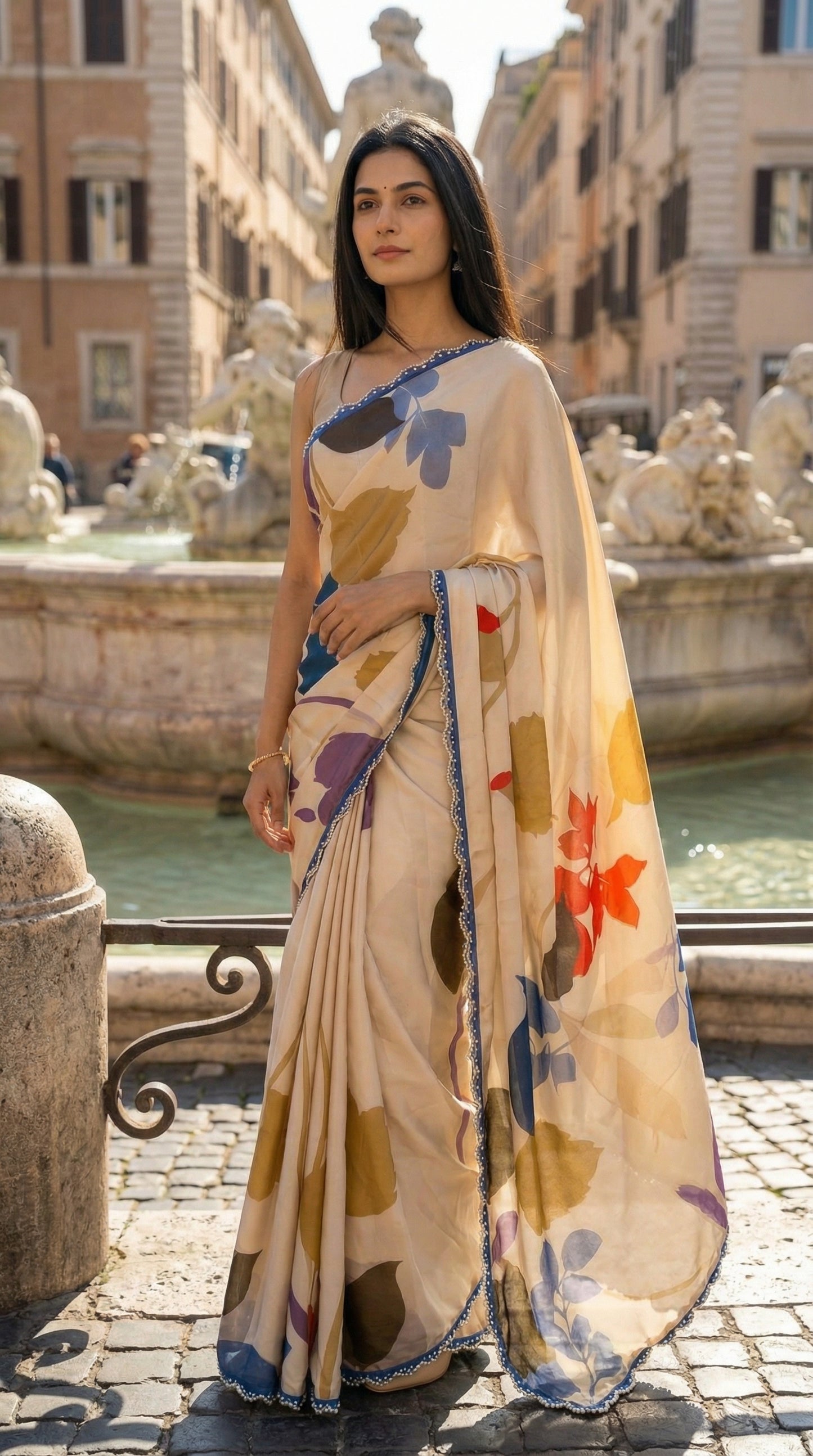 Woman in a Beige satin-georgette saree with abstract floral prints and lace border, standing against the fountain.