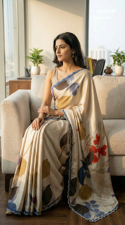 Woman sitting on a couch wearing a Beige satin-georgette saree with abstract floral prints and lace border,  in a bright living room.