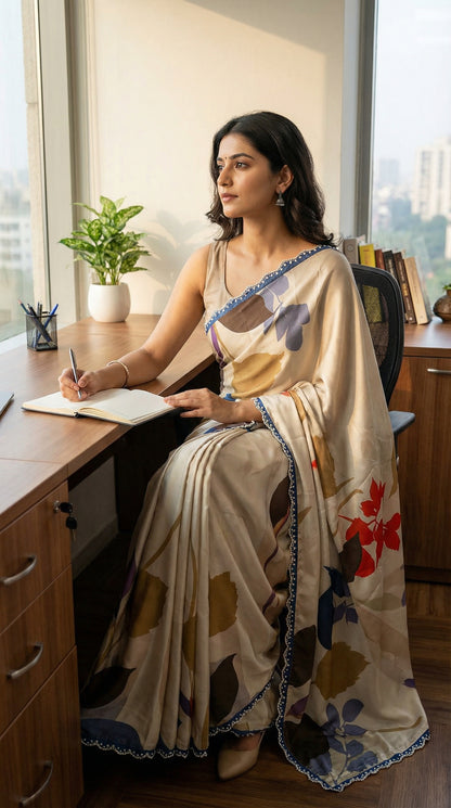 Woman in a Beige satin-georgette saree with abstract floral prints and lace border, sitting at a desk with a notebook, surrounded by books and plants.