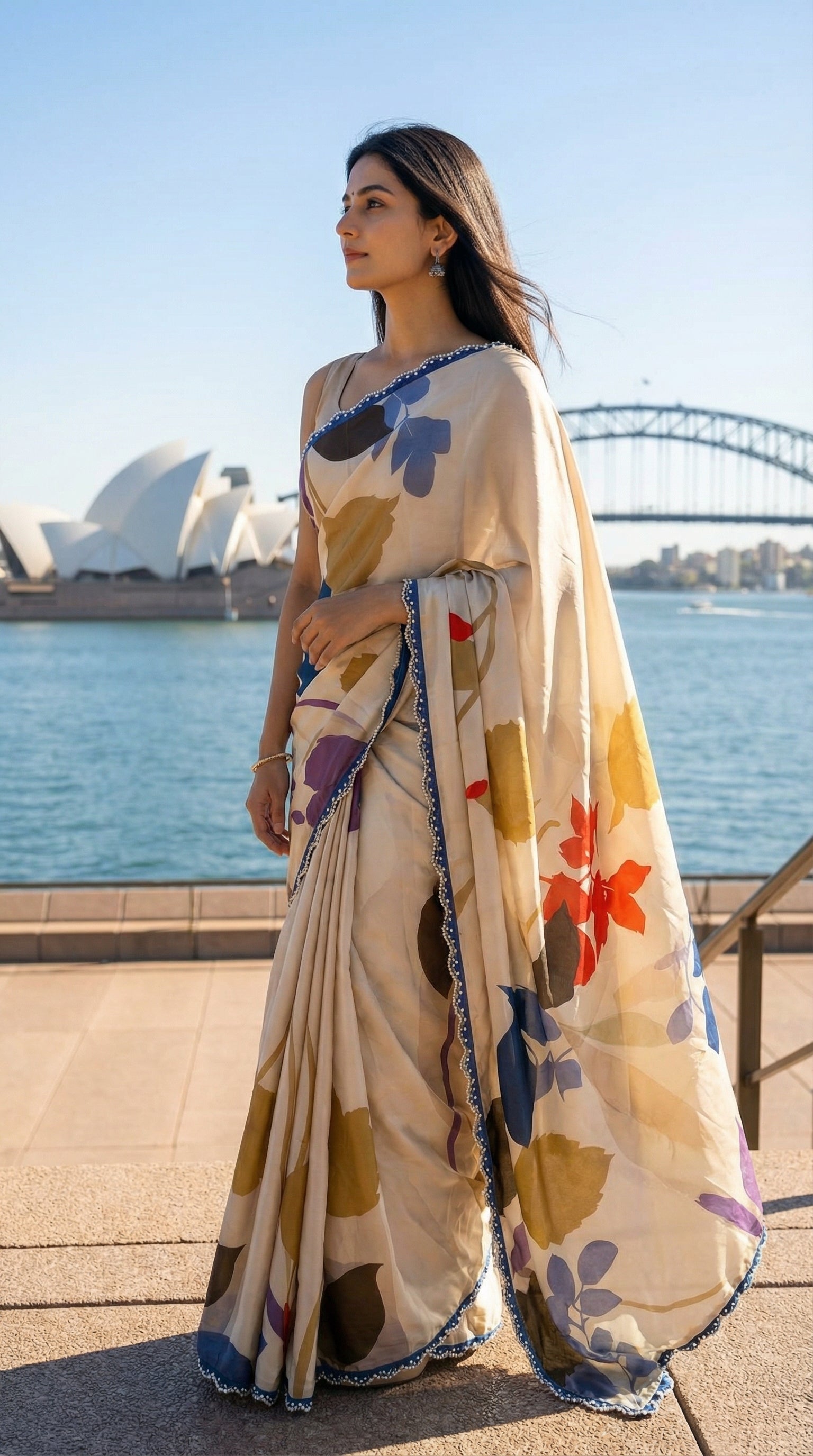 Woman in a Beige satin-georgette saree with abstract floral prints and lace border, standing on a deck with the Sydney's Opera house in the background.