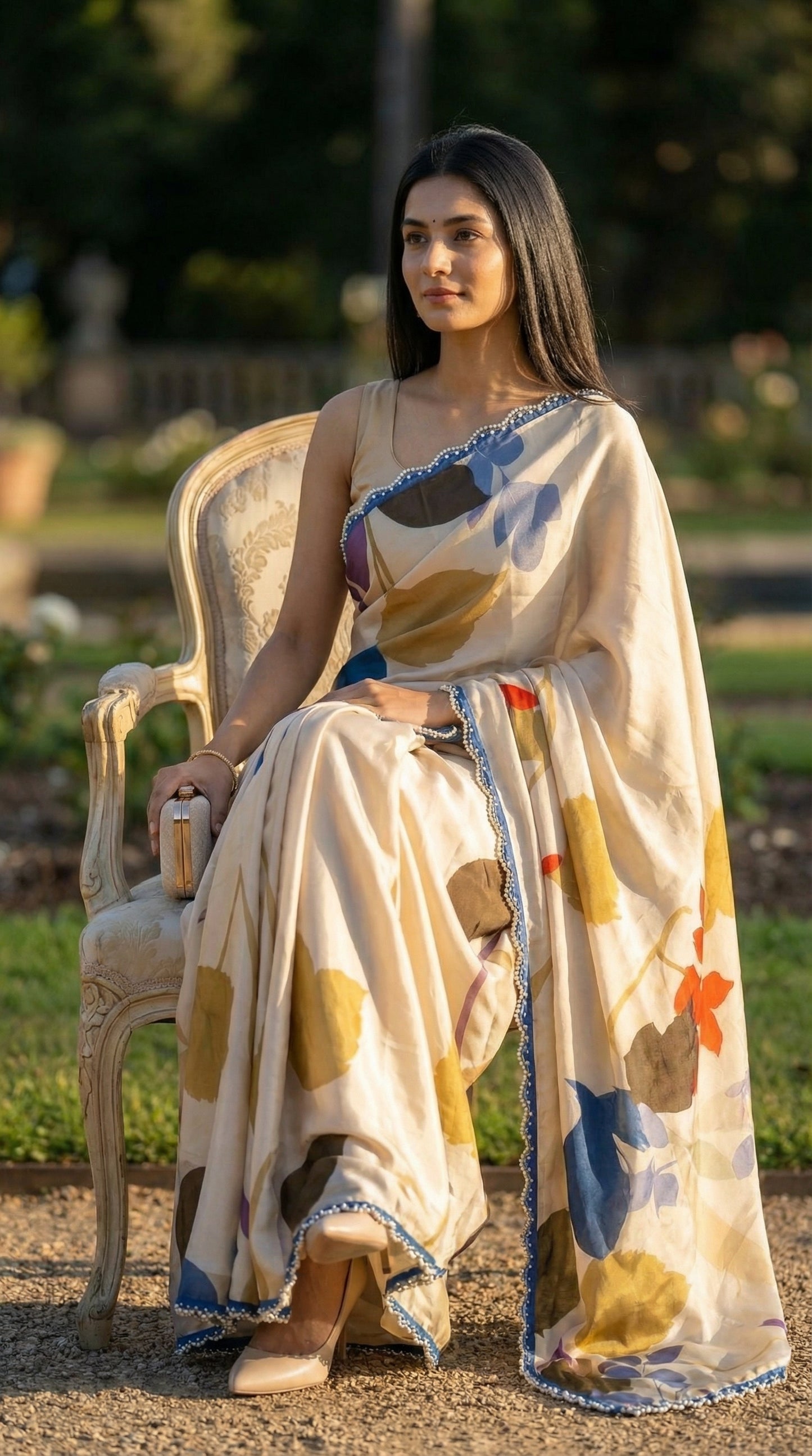 Woman in a Woman in a Beige satin-georgette saree with abstract floral prints and lace border, sitting outdoors with a blurred background.