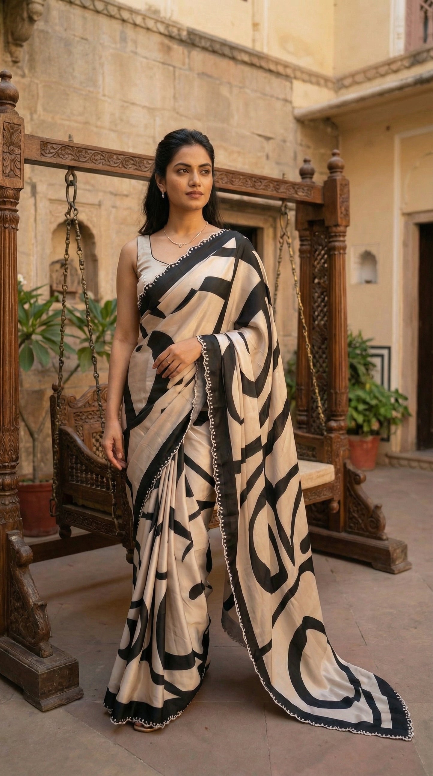 Woman in a Black satin-georgette saree with abstract line motifs on white base and subtle embellishments, standing in an outdoor setting with architectural elements.