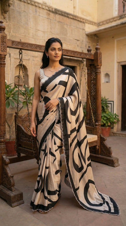 Woman in a Black satin-georgette saree with abstract line motifs on white base and subtle embellishments, standing in an outdoor setting with architectural elements.
