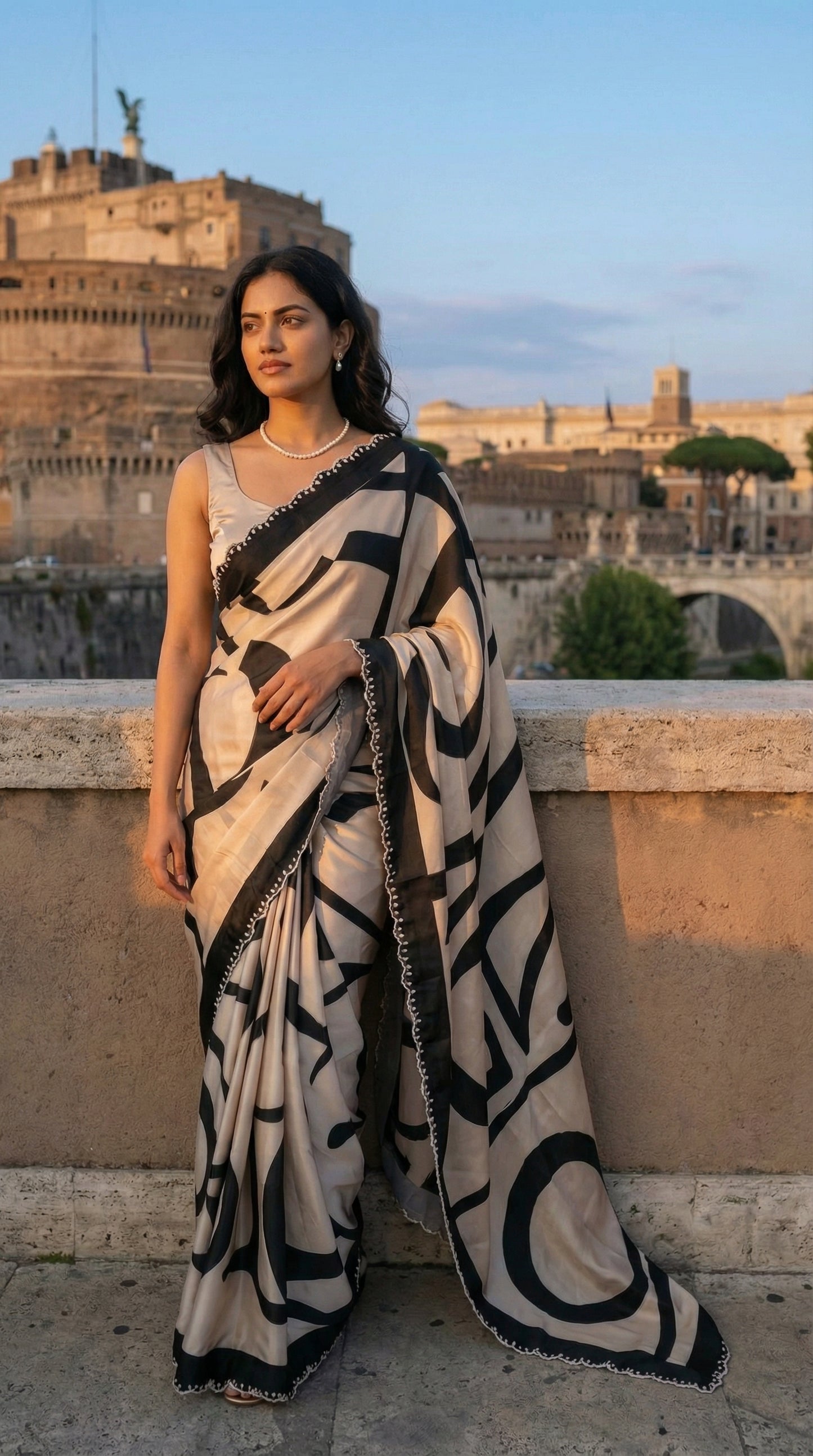 Woman in a Black satin-georgette saree with abstract line motifs on white base and subtle embellishments, with a scenic background of a castle and bridge.