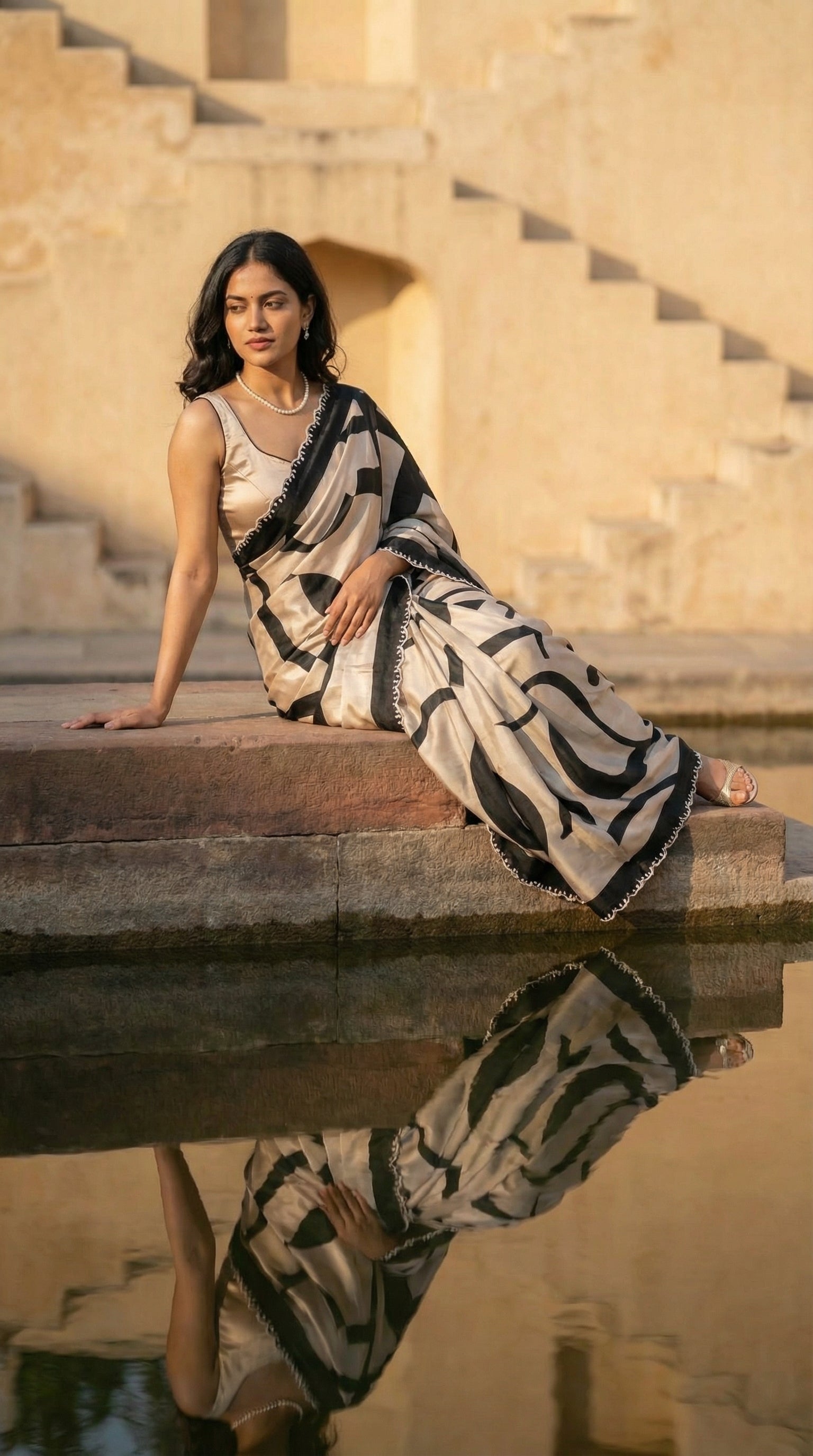 Woman in a Black satin-georgette saree with abstract line motifs on white base and subtle embellishments, sitting by a water body with steps in the background.