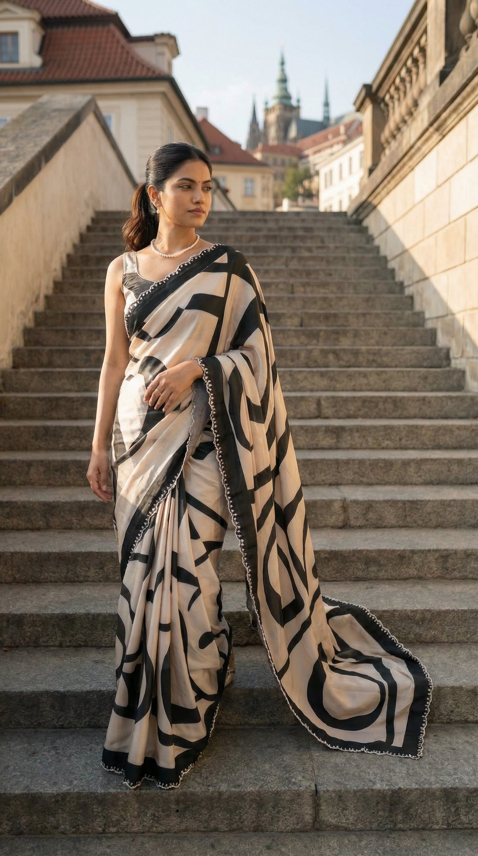 Woman in a Black satin-georgette saree with abstract line motifs on white base and subtle embellishments, standing on stone steps with a historical building in the background.