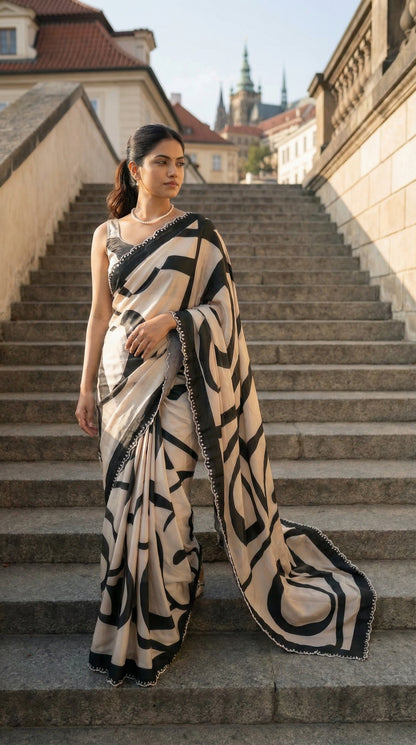 Woman in a Black satin-georgette saree with abstract line motifs on white base and subtle embellishments, standing on stone steps with a historical building in the background.