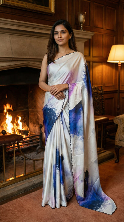 White satin-georgette saree with blue abstract brushstroke design and scalloped embellished border, standing in a room with a fireplace.
