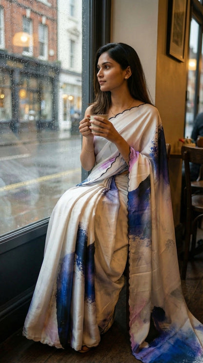 White satin-georgette saree with blue abstract brushstroke design and scalloped embellished border, holding a cup, sitting by a window in an urban setting.
