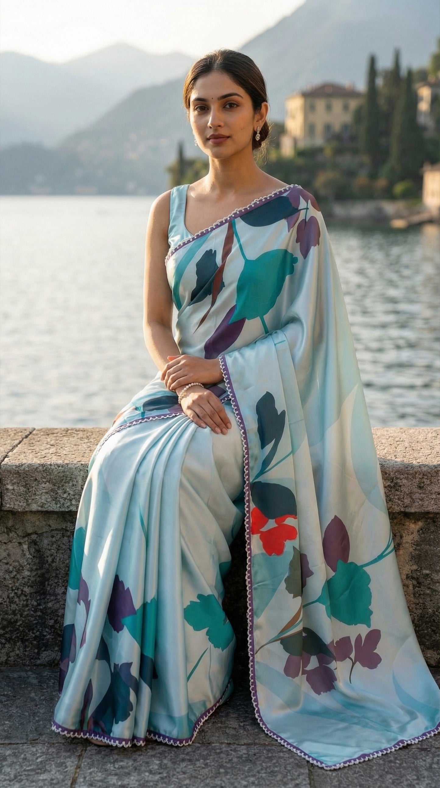 Woman in a Blue satin-georgette saree with multicolor floral design and lace border, sitting by a lakeside with mountains in the background.