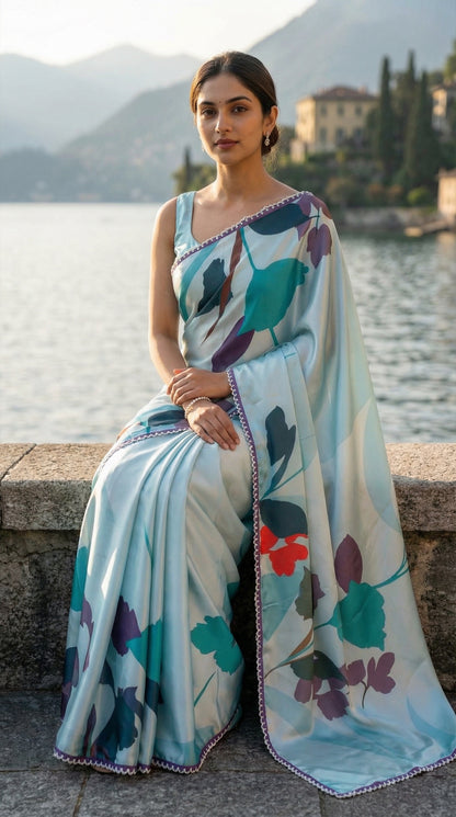 Woman in a Blue satin-georgette saree with multicolor floral design and lace border, sitting by a lakeside with mountains in the background.