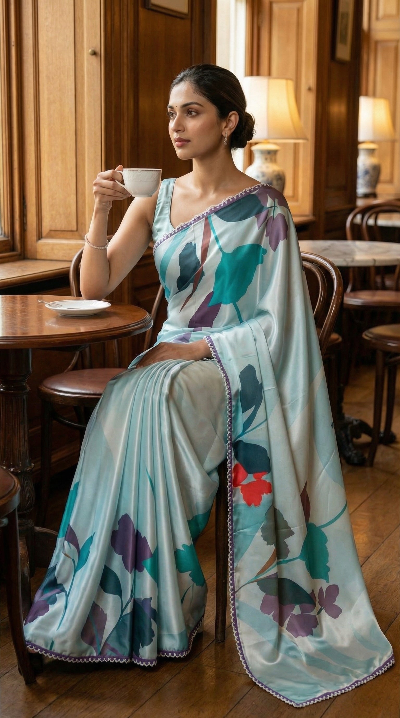 Woman in a Blue satin-georgette saree with multicolor floral design and lace border, sitting in a cafe holding a cup.