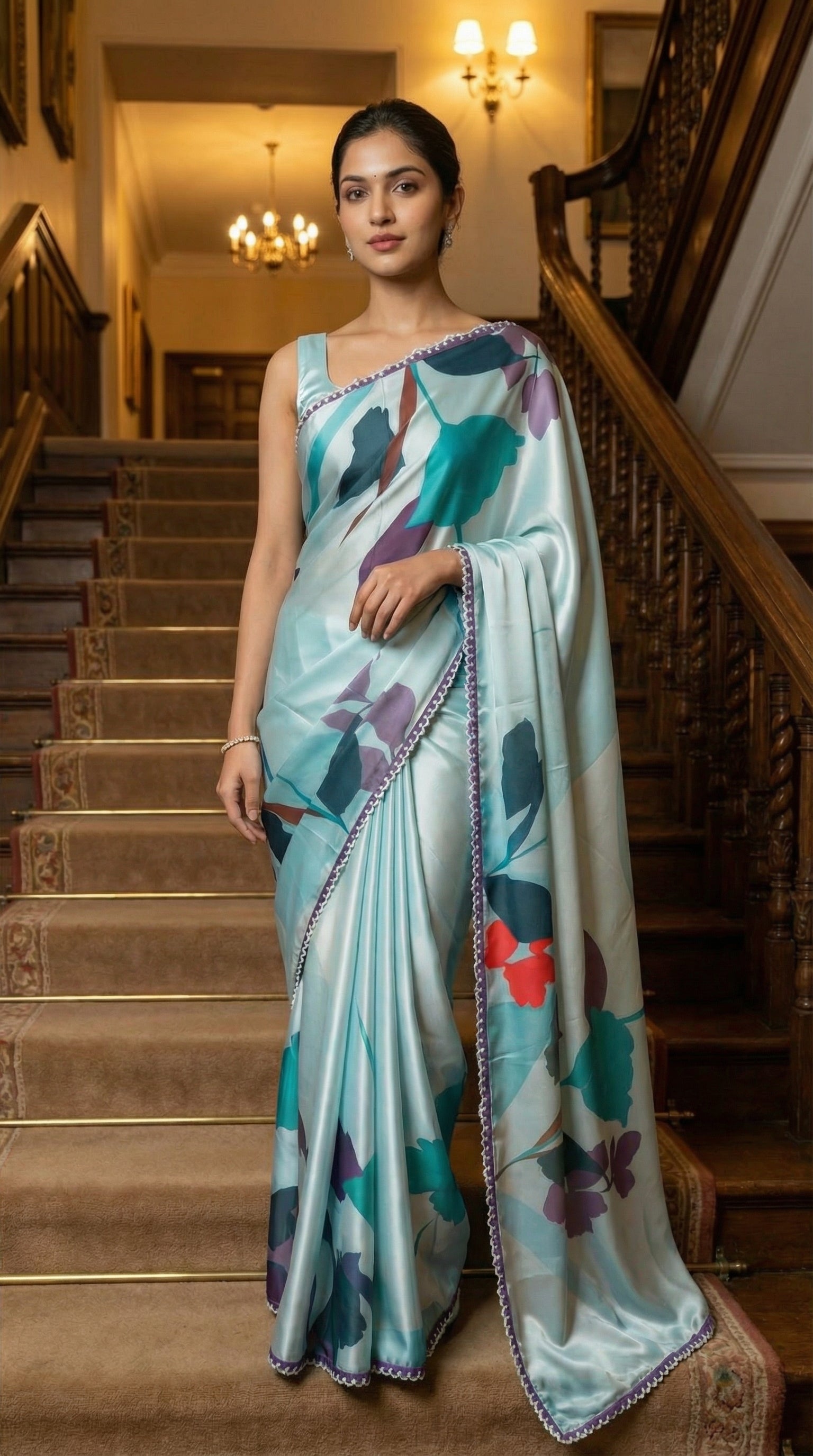 Woman in a Blue satin-georgette saree with multicolor floral design and lace border, standing on a staircase.