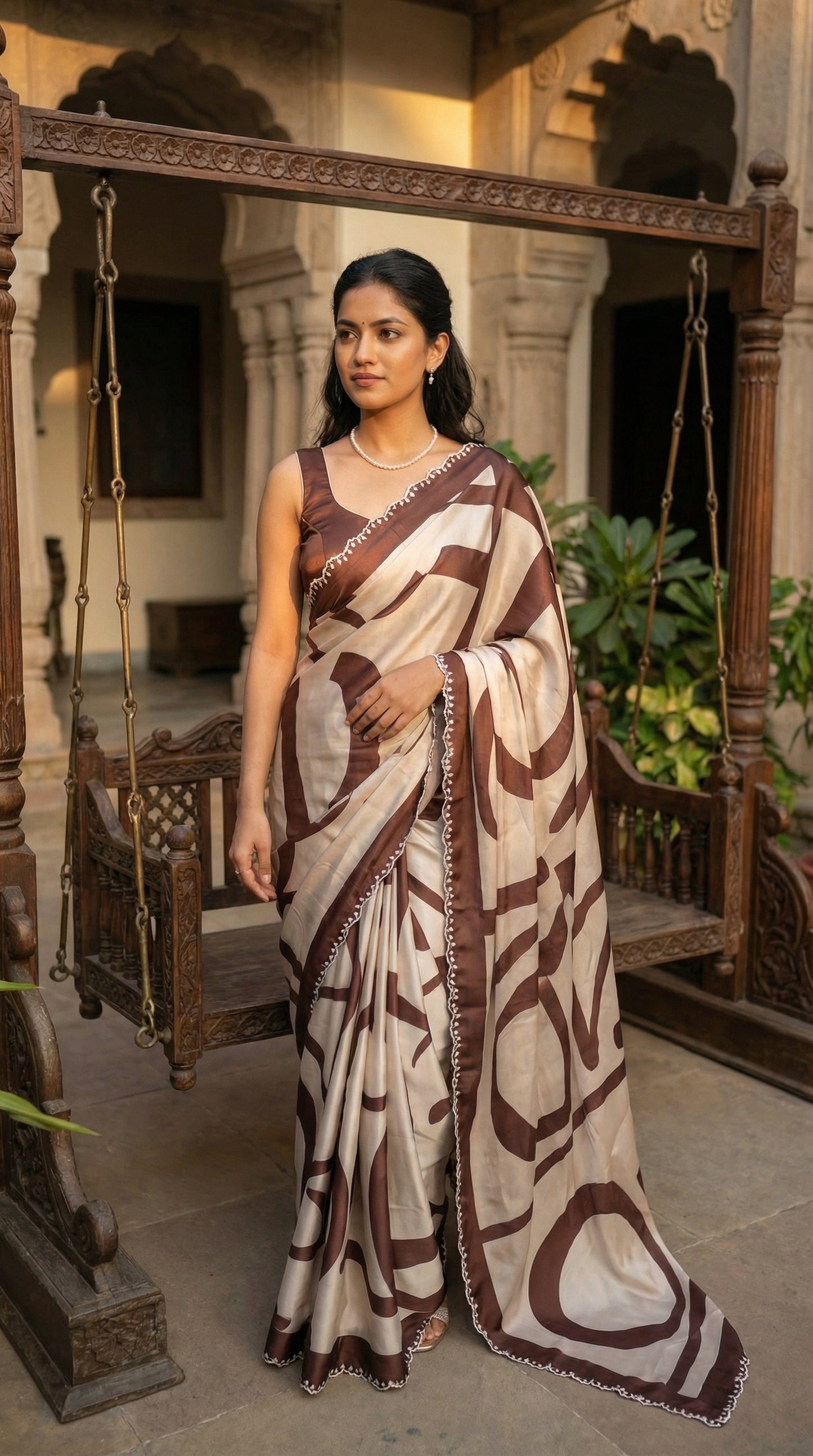 Woman in a Brown satin-georgette saree with abstract line motifs on white base and subtle embellishments, standing in an ornate indoor setting