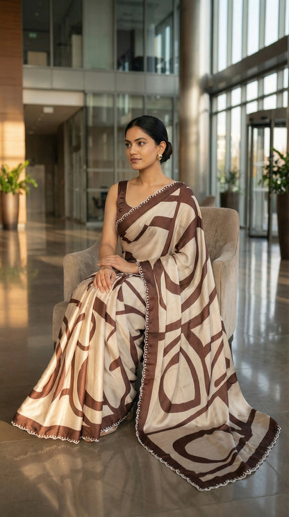 Woman in a Brown satin-georgette saree with abstract line motifs on white base and subtle embellishments, sitting in a modern indoor setting,
