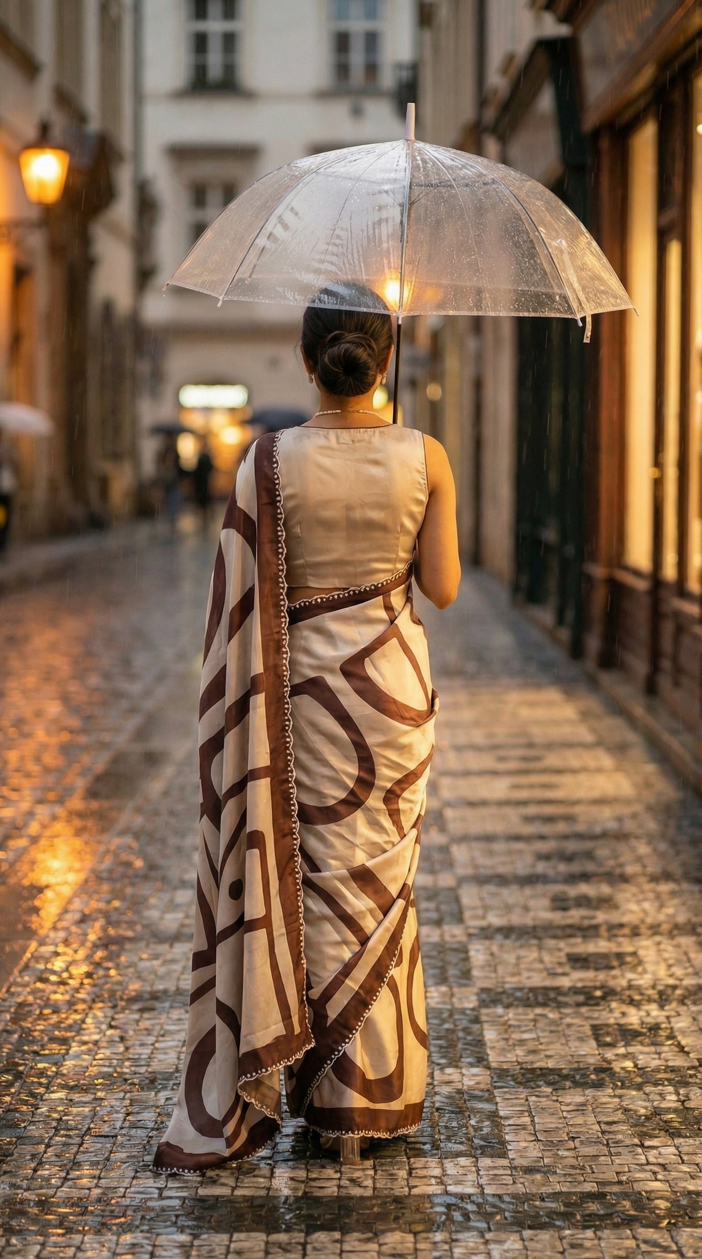 Woman in a Brown satin-georgette saree with abstract line motifs on white base and subtle embellishments, holding a transparent umbrella on a cobblestone street.