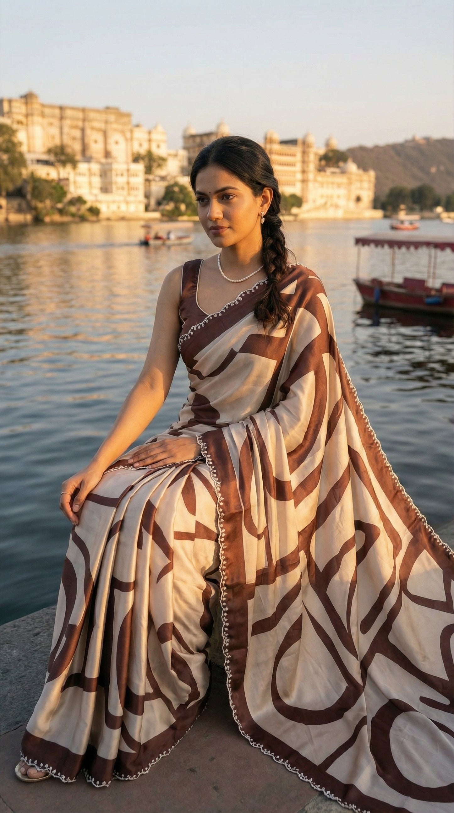 Woman in a Brown satin-georgette saree with abstract line motifs on white base and subtle embellishments, sitting by a waterfront with buildings and boats in the background.