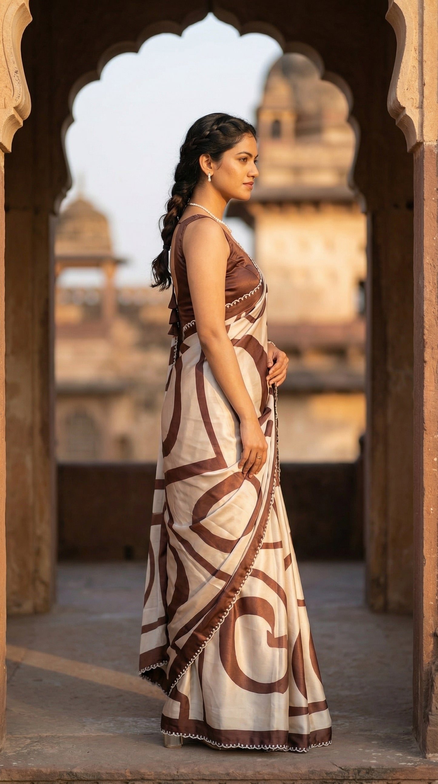 Woman in a Brown satin-georgette saree with abstract line motifs on white base and subtle embellishments, standing in front of an architectural archway.