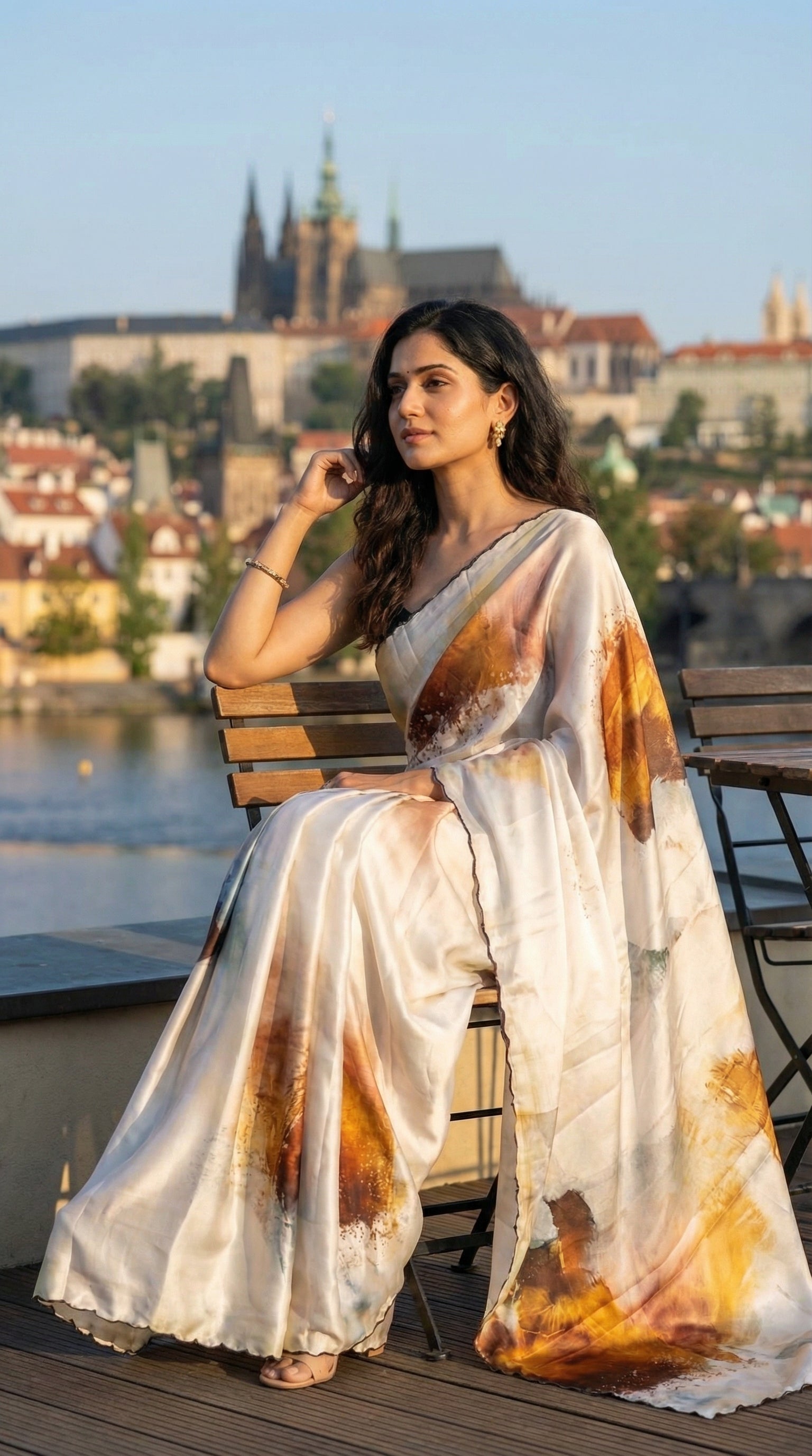 Woman in a brown-accented satin-georgette saree featuring artistic brushstroke patterns on white base with scalloped edge, sitting on a bench with a scenic city view in the background.