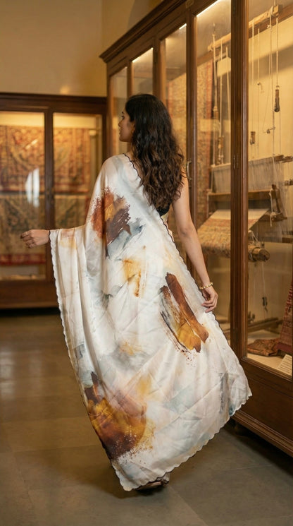 Woman in a brown-accented satin-georgette saree featuring artistic brushstroke patterns on white base with scalloped edge, in an indoor setting.