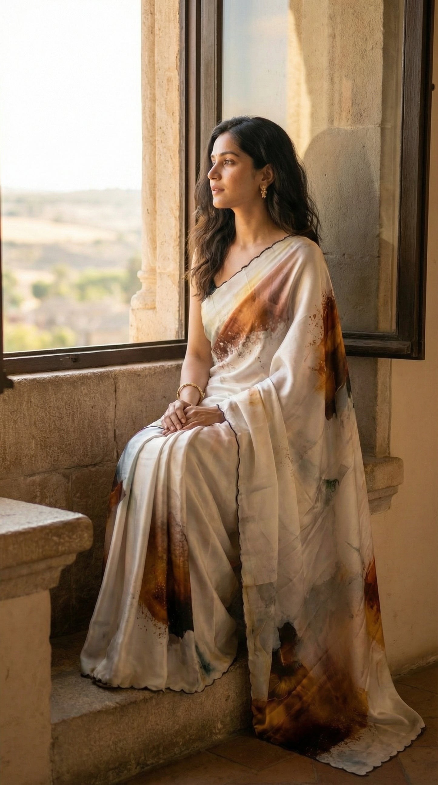 Woman in a brown-accented satin-georgette saree featuring artistic brushstroke patterns on white base with scalloped edge, sitting by a window with a scenic view.