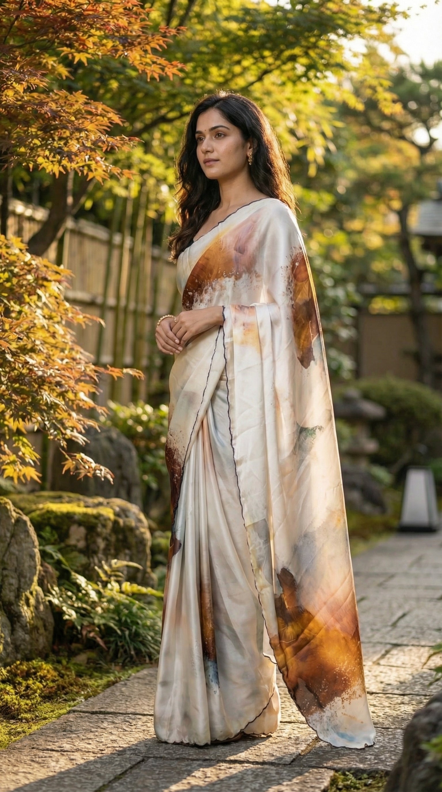 Woman in a brown-accented satin-georgette saree featuring artistic brushstroke patterns on white base with scalloped edge, standing in a garden setting.