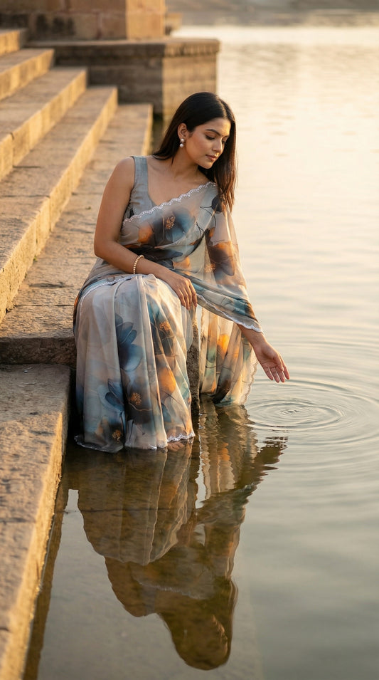 Woman in a Cream satin georgette saree with oversized floral print and silver scalloped border, sitting by water with a serene reflection.