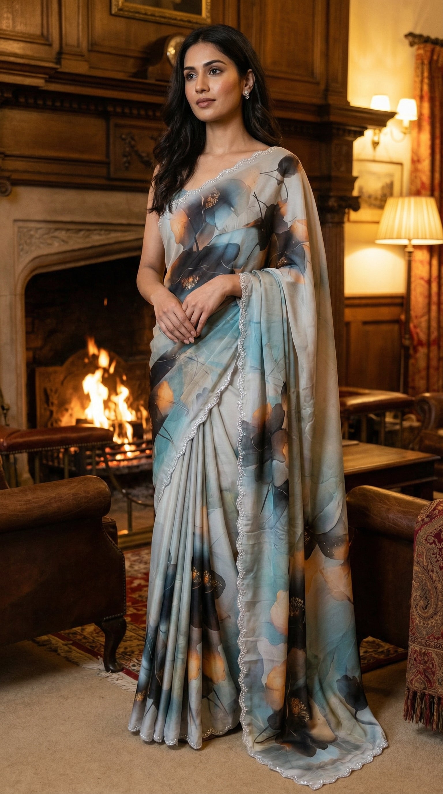 Woman in a Cream satin georgette saree with oversized floral print and silver scalloped border, standing in a room with a fireplace and lamp.