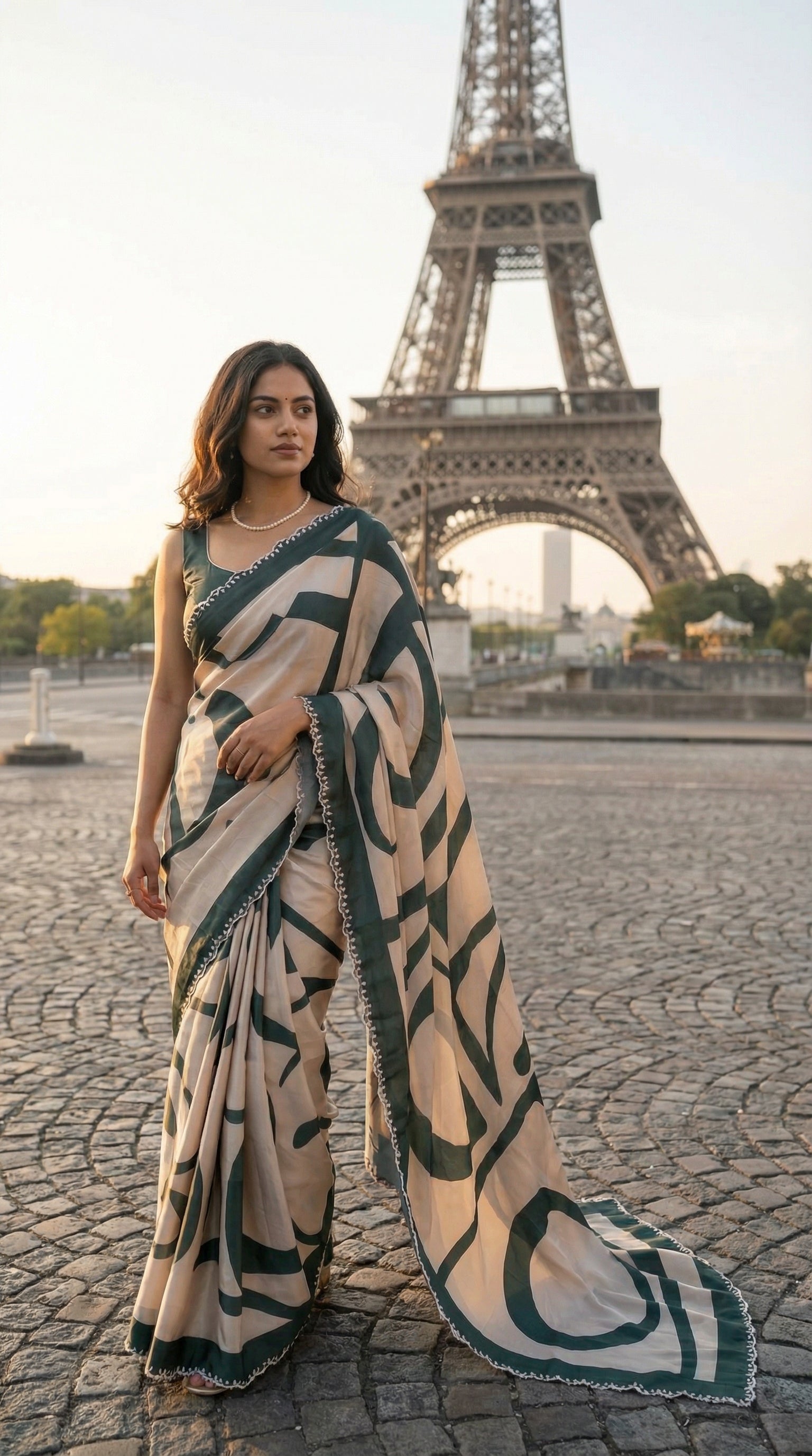 Woman in a White satin-georgette saree with green abstract line pattern and embellished border, in front of the Eiffel Tower.