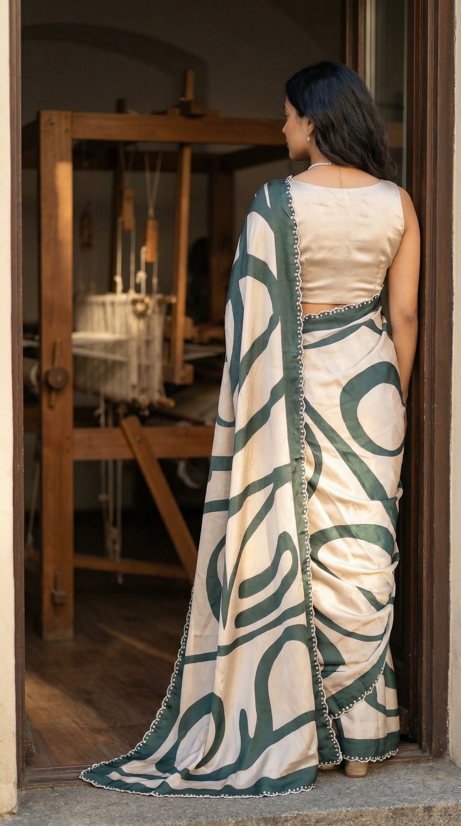 Woman in a White satin-georgette saree with green abstract line pattern and embellished border, in a traditional setting.