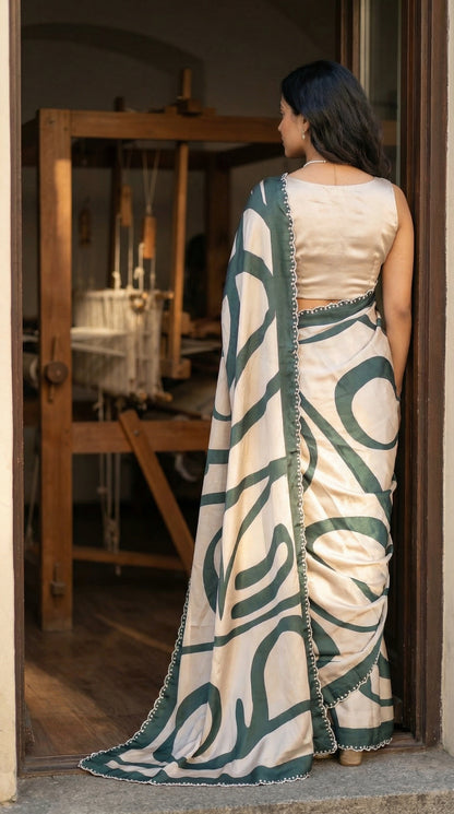 Woman in a White satin-georgette saree with green abstract line pattern and embellished border, in a traditional setting.