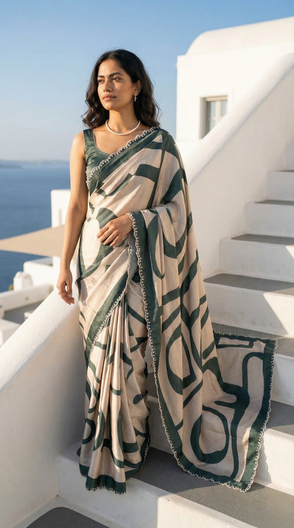 Woman in a White satin-georgette saree with green abstract line pattern and embellished border, standing on white steps with ocean view.