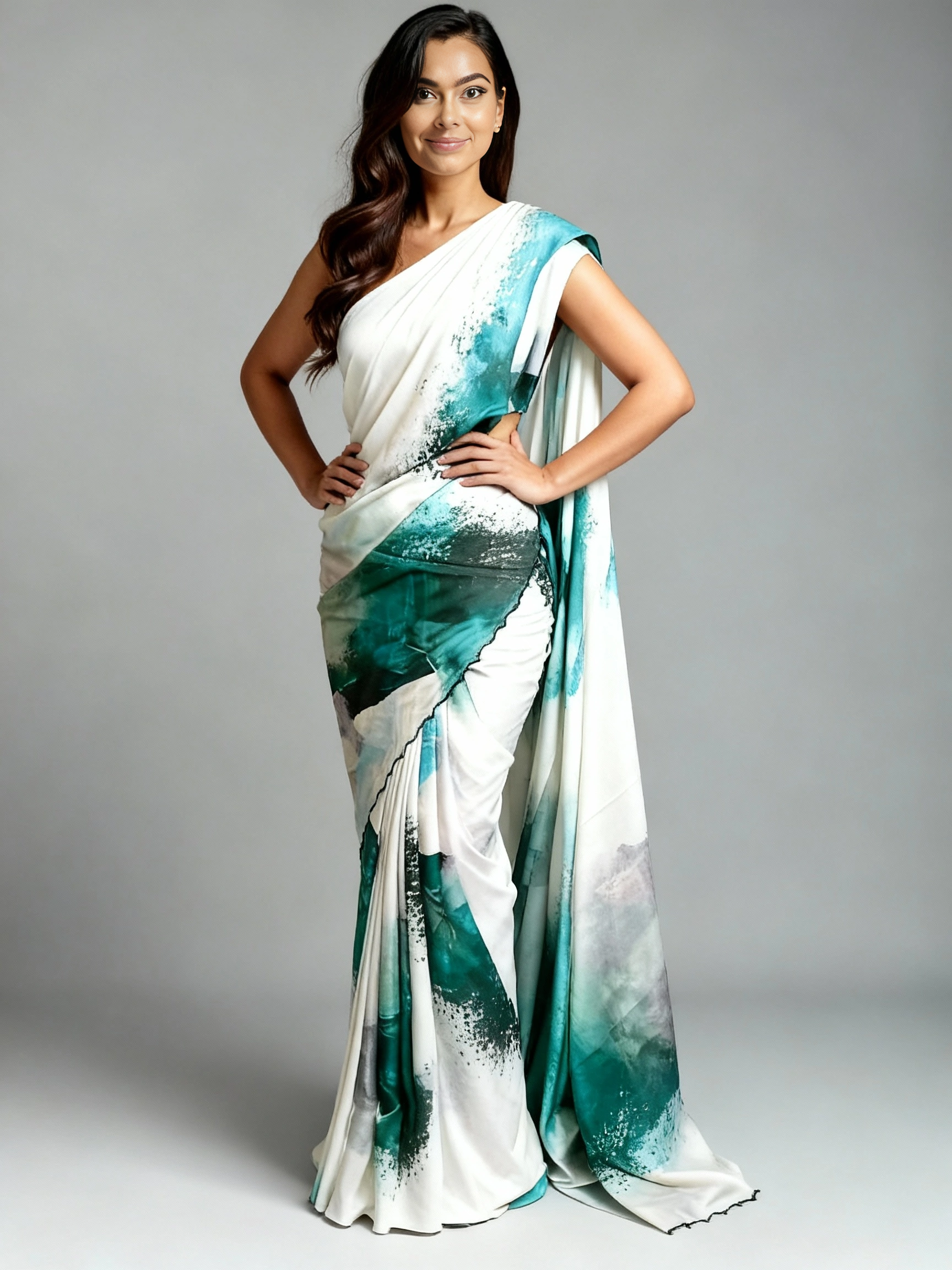 Lady wearing green satin-georgette saree with expressive brushstroke motifs and scalloped border, modern ethnic saree for cultural occasions against grey background.