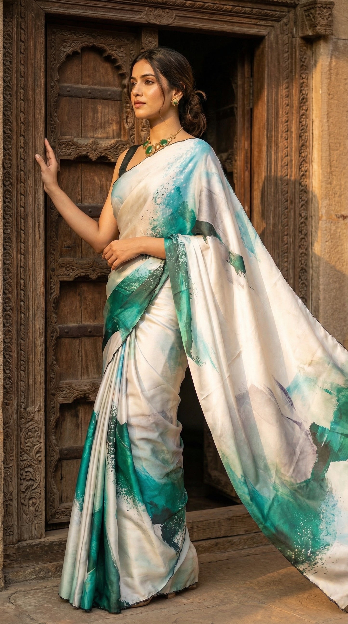 Lady wearing green satin-georgette saree with expressive brushstroke motifs and scalloped border, in front of a wooden door.