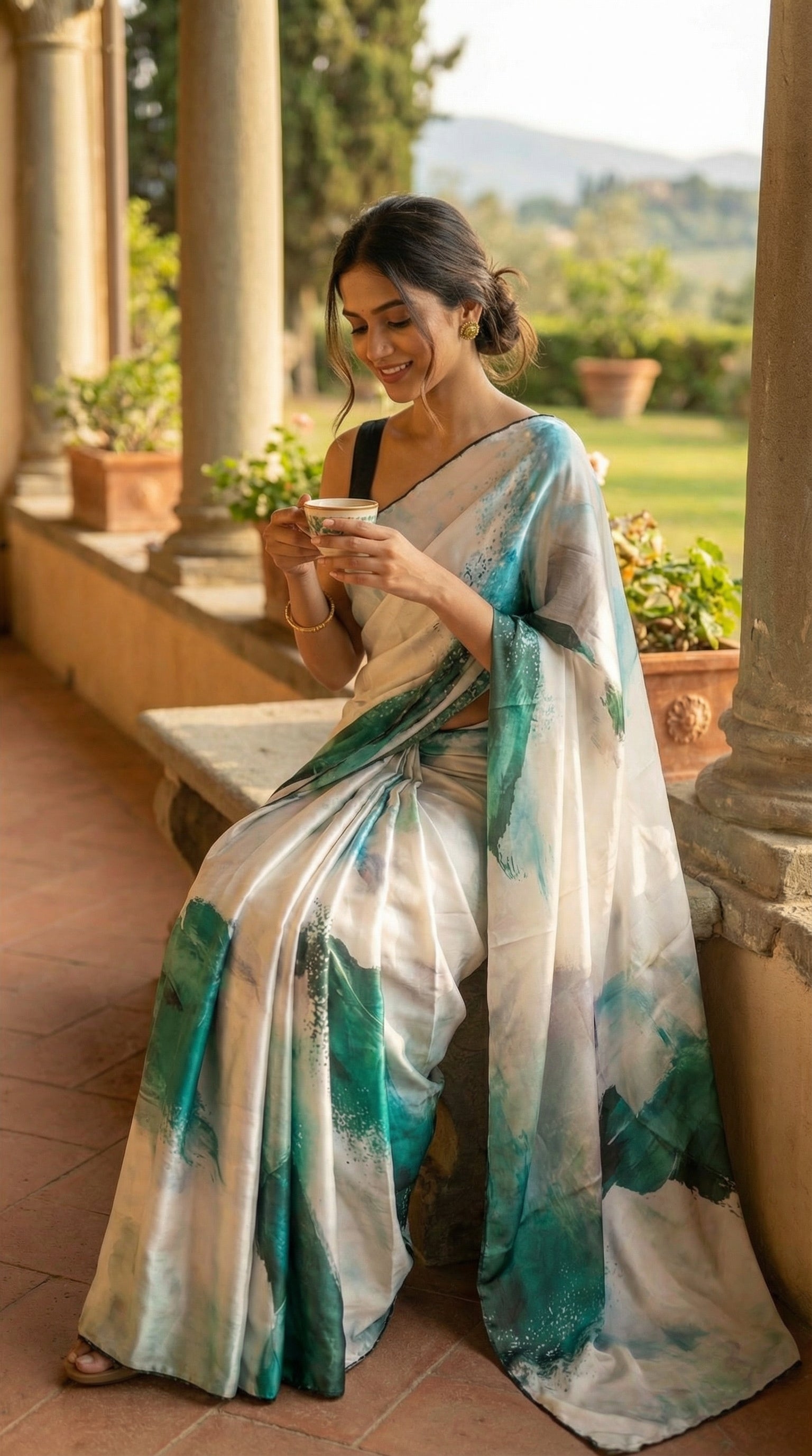 Lady wearing green satin-georgette saree with expressive brushstroke motifs and scalloped border, sitting outdoors holding a cup.