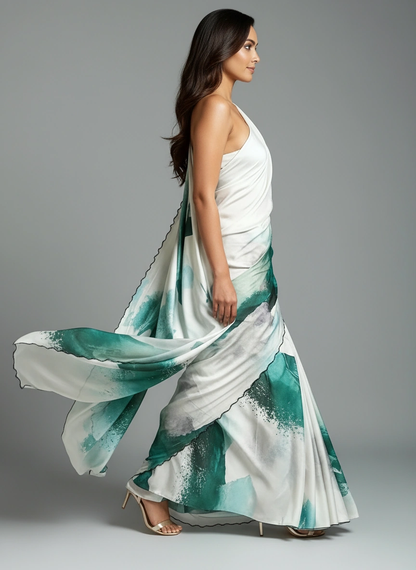 Lady wearing green satin-georgette saree with expressive brushstroke motifs and scalloped border, modern ethnic saree for cultural occasions, sitting on a chair against grey background.