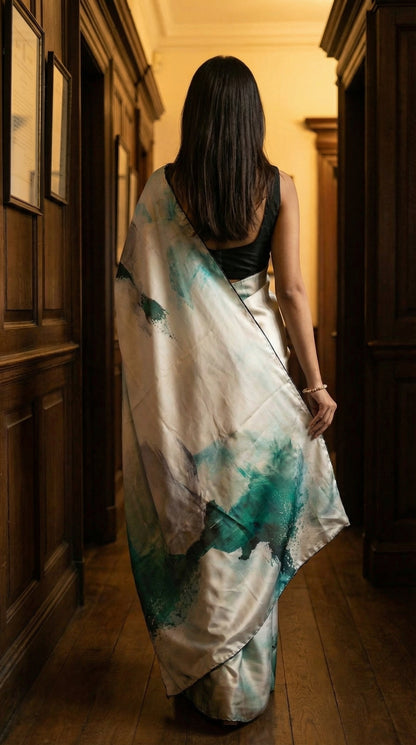 Lady wearing green satin-georgette saree with expressive brushstroke motifs and scalloped border, with green and blue patterns.