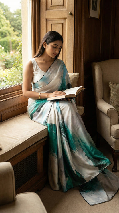 Lady wearing green satin-georgette saree with expressive brushstroke motifs and scalloped border, reading a book in a cozy room.