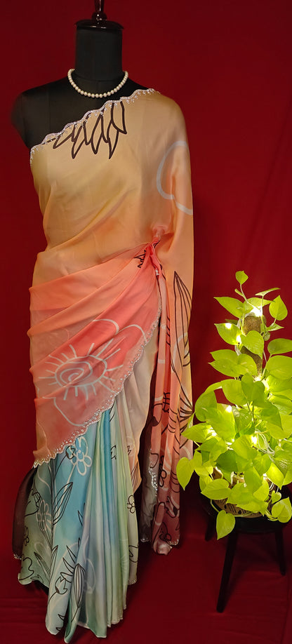 Multicolour satin georgette saree with abstract floral print and silver scalloped border on a mannequin with a red background and plant.