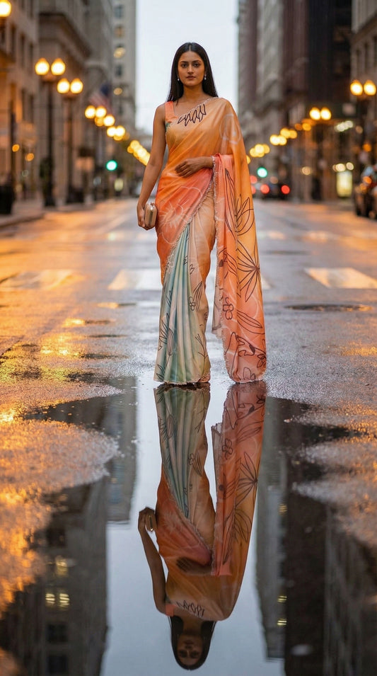 Woman in a Multicolor satin georgette saree with abstract floral print and silver scalloped border, standing on a city street with reflections in the water.