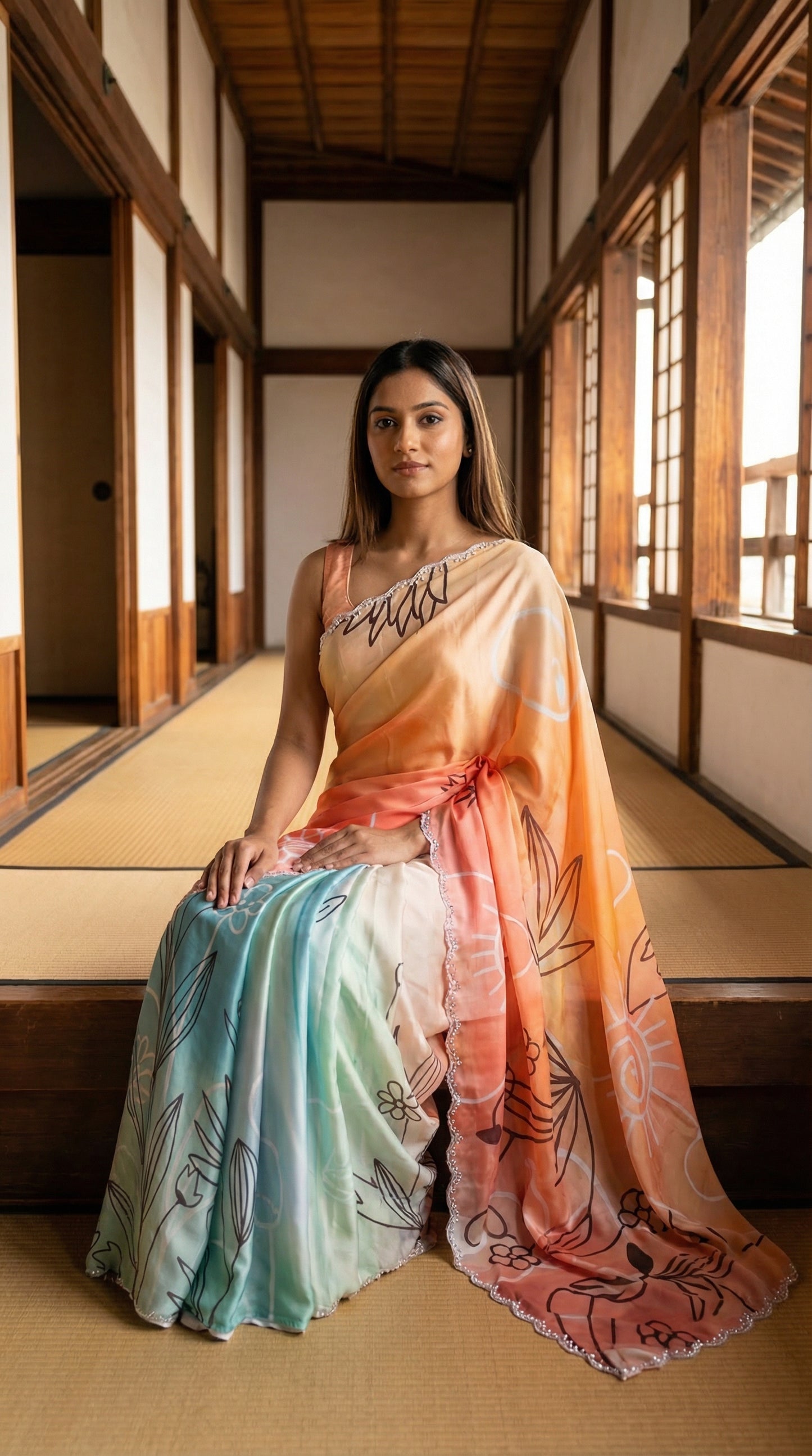 Woman in a Multicolor satin georgette saree with abstract floral print and silver scalloped border, sitting in a room with wooden floors and sliding doors.