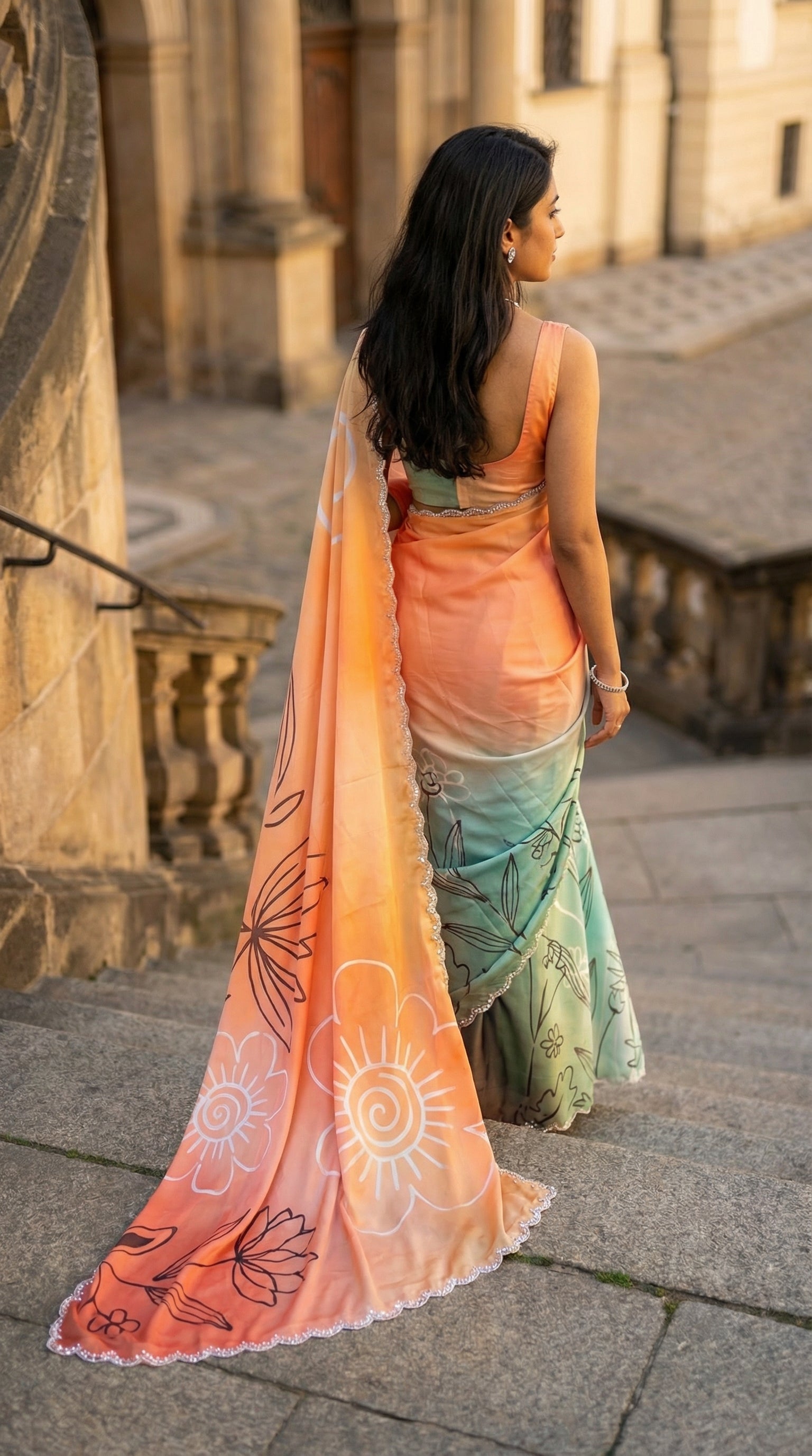 Woman in a Multicolor satin georgette saree with abstract floral print and silver scalloped border, standing on steps with a building in the background.