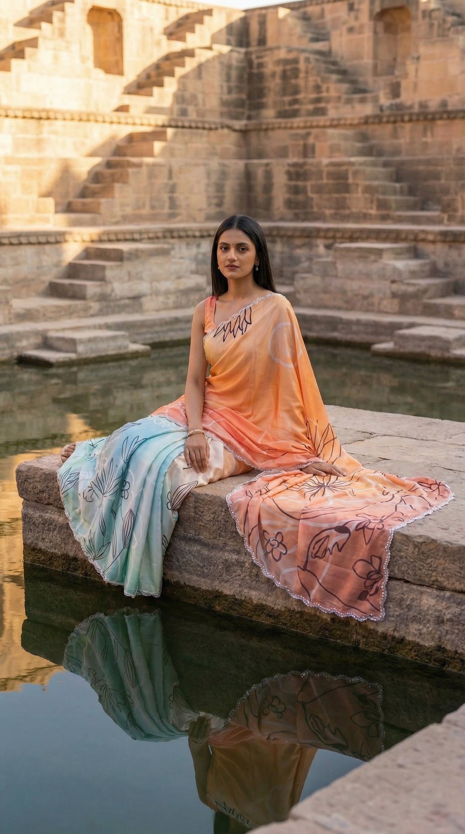 Woman in a Multicolor satin georgette saree with abstract floral print and silver scalloped border, sitting by a water body with ancient architecture in the background.